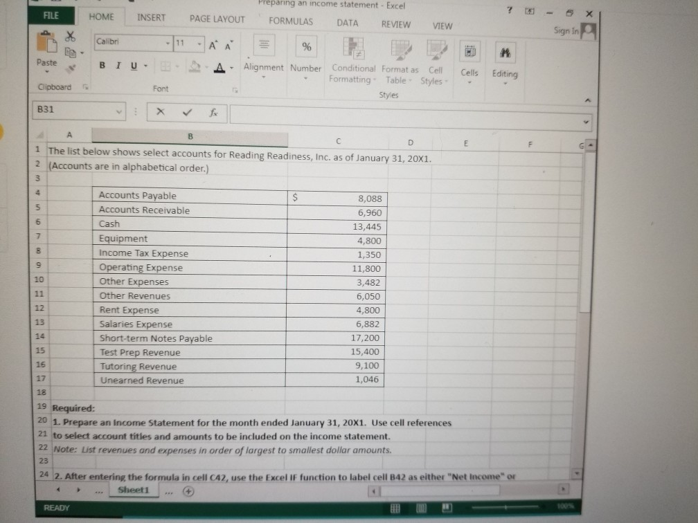 FILE HOME 7 INSERT Preparing an income statement - Excel FORMULAS