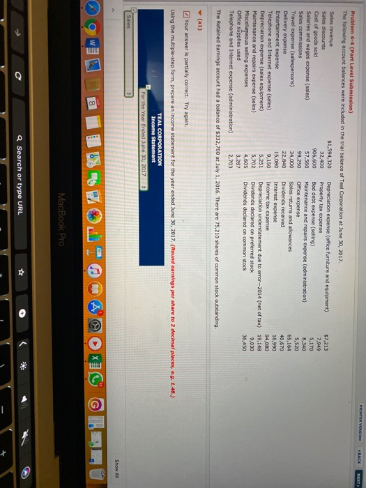  PRINTER VERSION BACK NEXT Problem 4-4 (Part Level Submission) The following