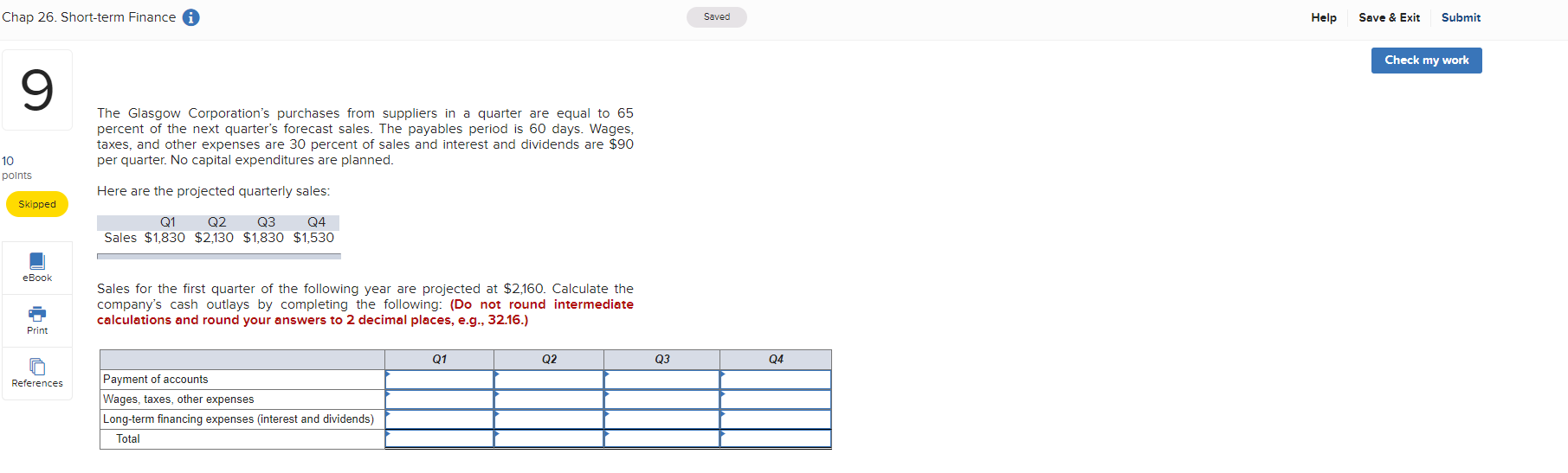  Chap 26. Short-term Finance A Saved Help Save & Exit Submit