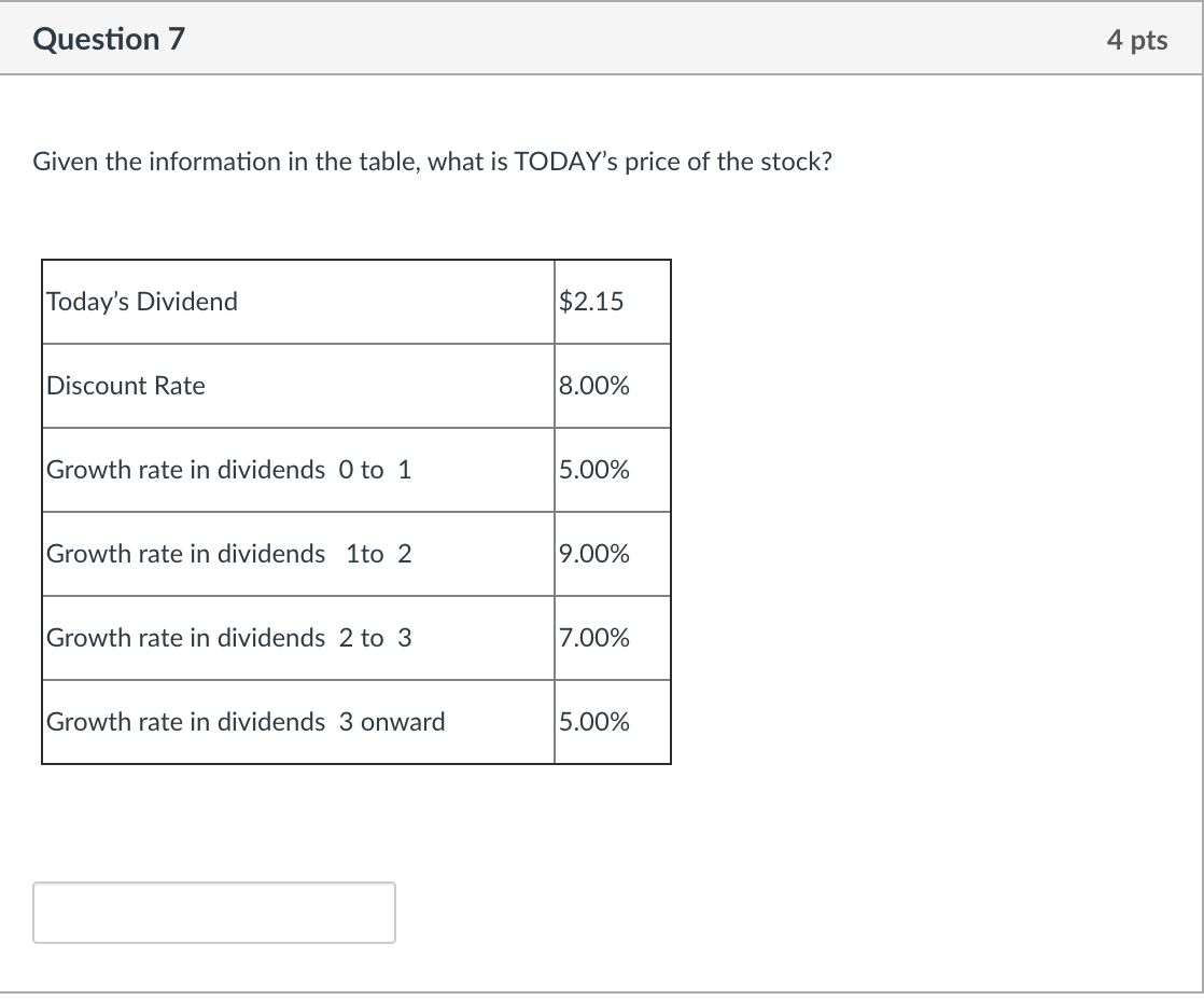  Question 7 4 pts Given the information in the table, what
