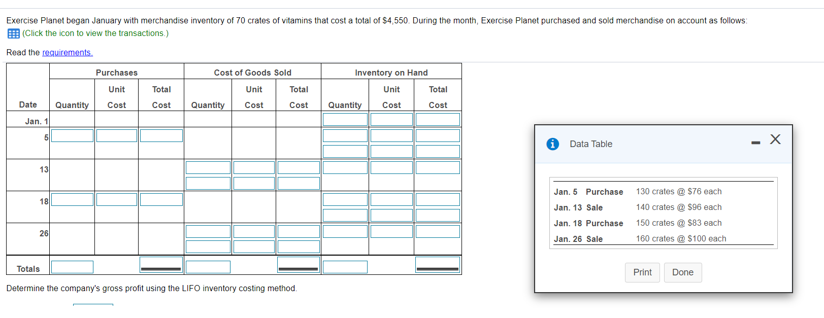 Prepare a perpetual inventory record, using the LIFO inventory costing method, and