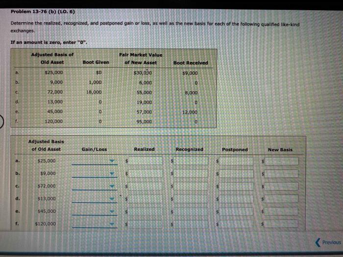  Problem 13-76 (b) (10.6) Determine the realized, recognized, and postponed gain