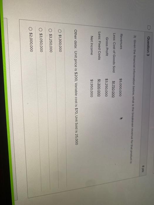  Question 3 3 pts 3) Given the financial information below, what