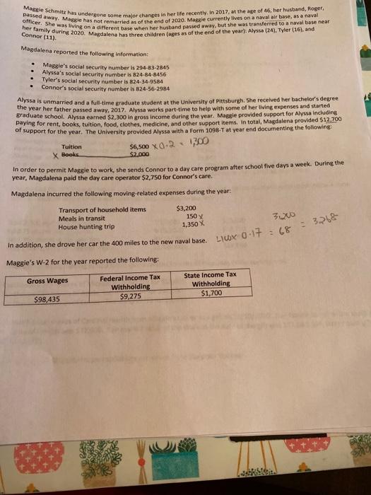 income tax return for Maggie Schmitz for the tax year 2020. Please