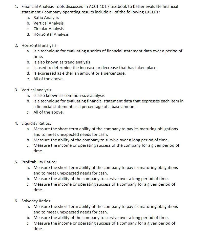 1. Financial Analysis Tools discussed in ACCT 101 / textbook to