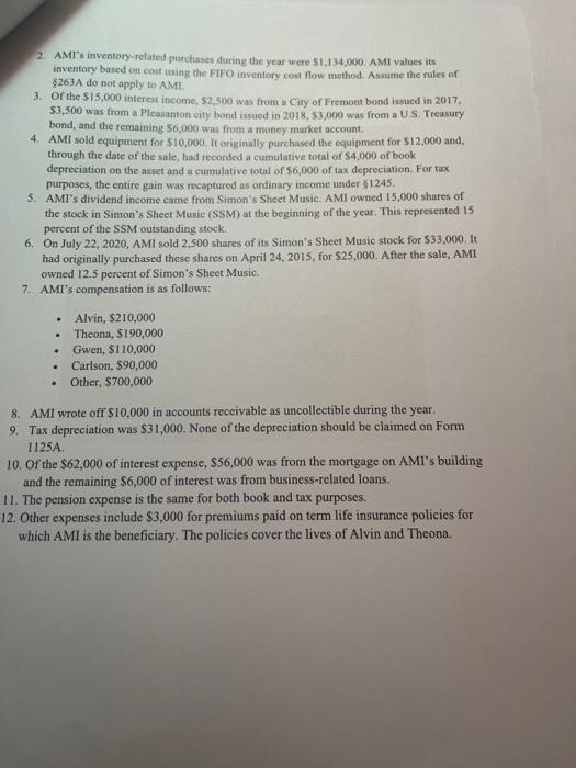 using the information provided below. Neither Form 4562 for depreciation nor Form