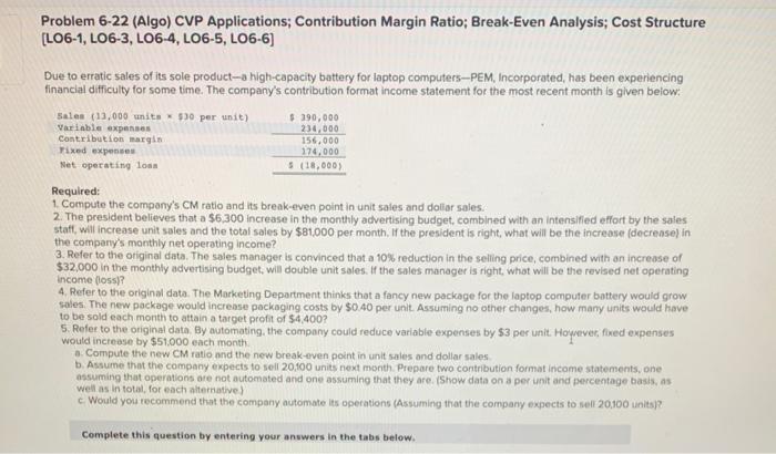 Problem 6-22 (Algo) CVP Applications; Contribution Margin Ratio; Break-Even Analysis; Cost