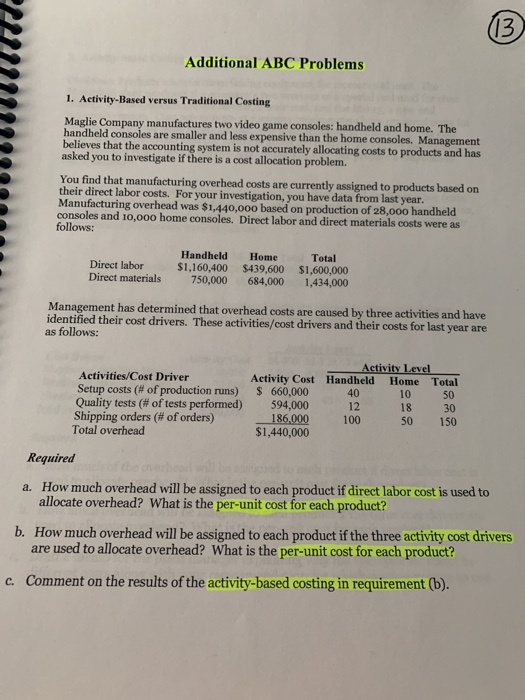  $ Additional ABC Problems 1. Activity-Based versus Traditional Costing Maglie Company