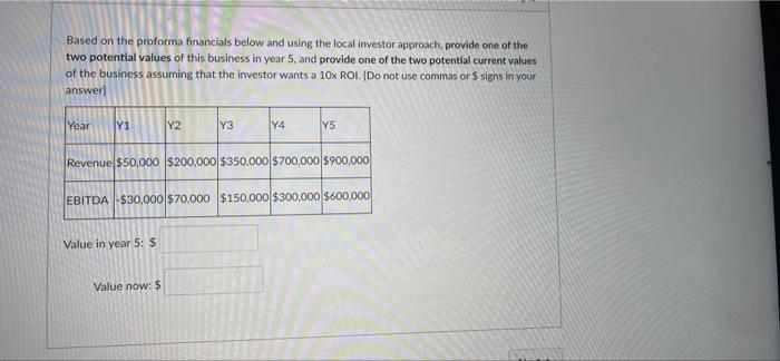  Based on the proforma financials below and using the local investor