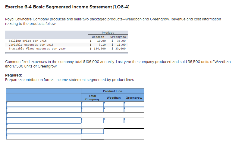  Exercise 6-4 Basic Segmented Income Statement (LO6-4) Royal Lawncare Company produces