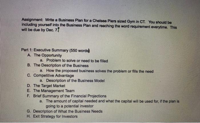  Assignment Write a Business Plan for a Chelsea Piers sized Gym