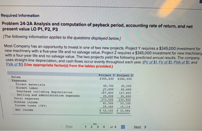 each project's annual expected net cash flows. Project Y Project Z Required