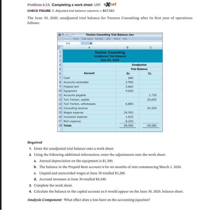  Problem 4-2A Completing a work sheet L01 excel CHECK FIGURE: 3.