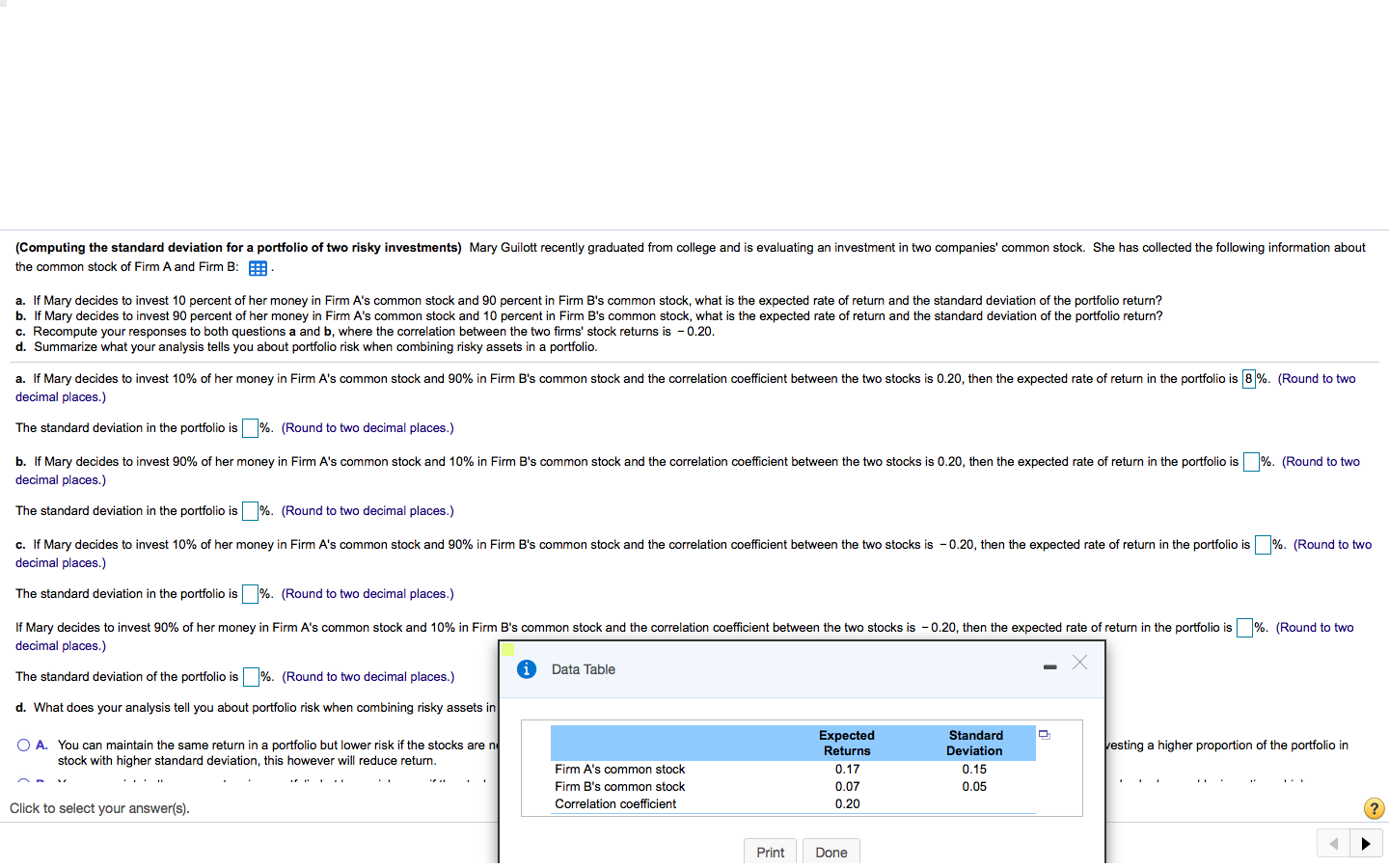 (Computing the standard deviation for a portfolio of two risky investments)