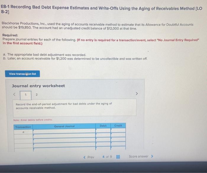  E8-1 Recording Bad Debt Expense Estimates and Write-Offs Using the Aging