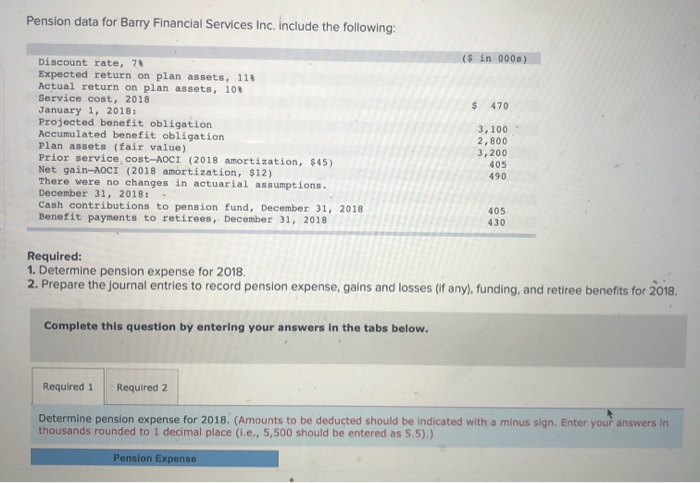  Pension data for Barry Financial Services Inc. include the following: ($