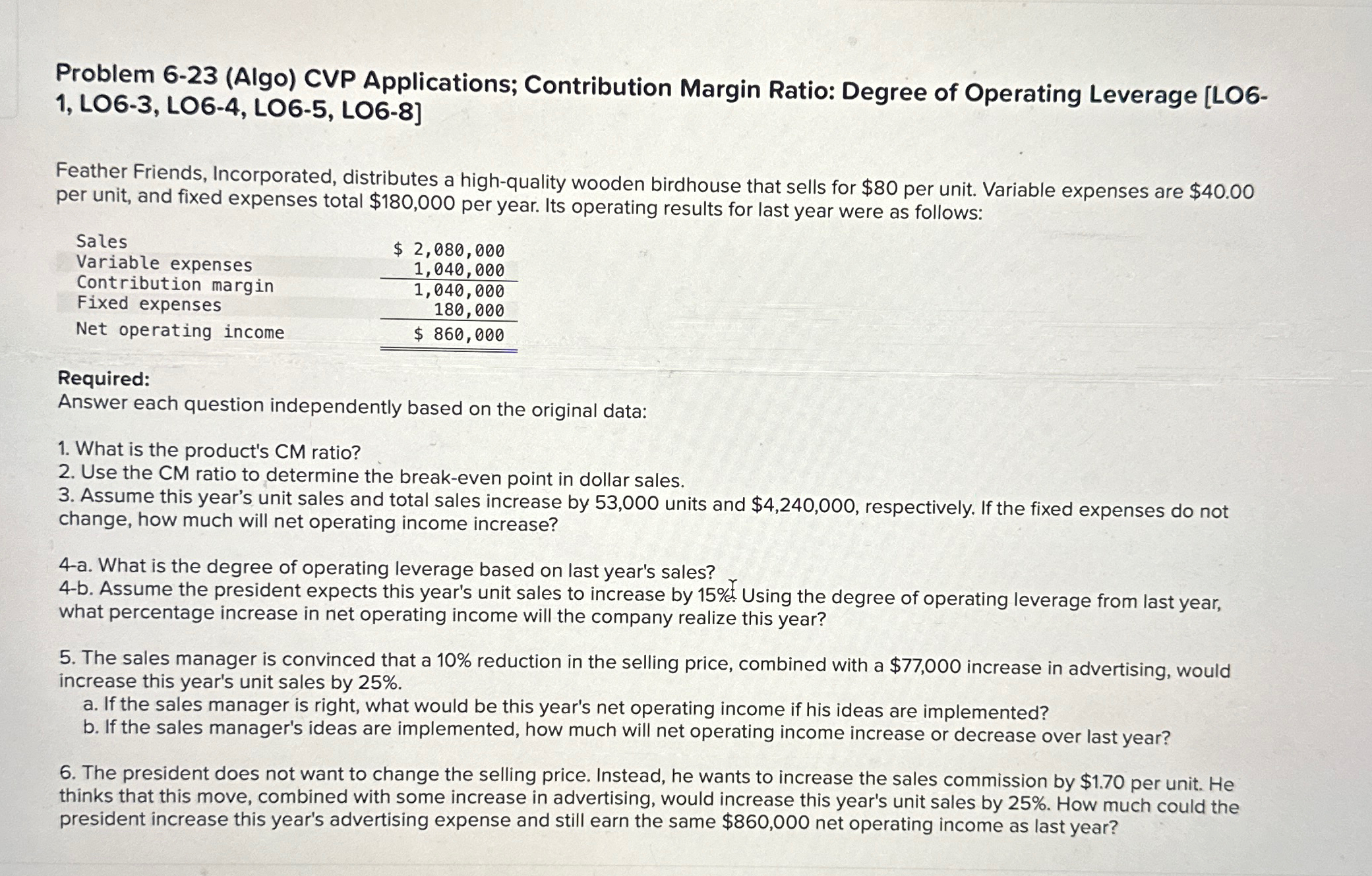 Problem 6-23(Algo) CVP Applications; Contribution Margin Ratio: Degree of Operating Leverage