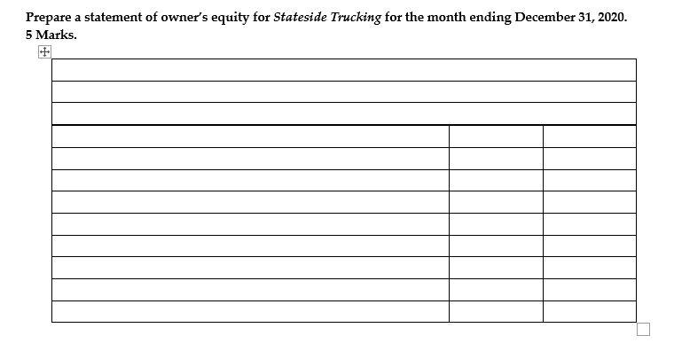 ending on December 31, 2020. Credit Stateside Trucking Trial Balance December 31,