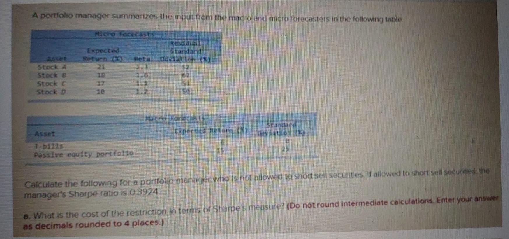 correct answers pls A portfolio manager summarizes the input from the