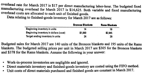 overhead costs budget f. Ending inventories budget (direct materials and finished goods)