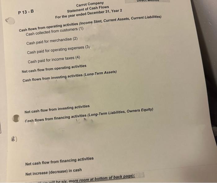 13-B Spinach Company Statement of Cash Flows Notes: a) Investments that cost