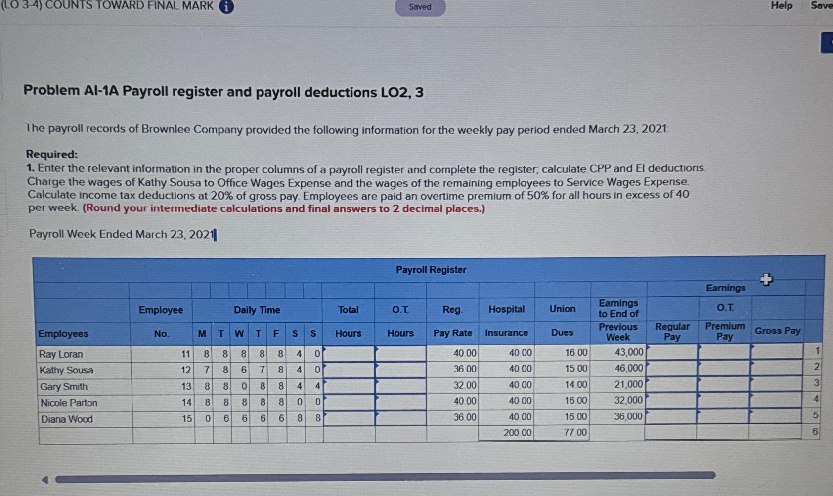  Problem AI-1A Payroll register and payroll deductions LO2,3 The payroll records