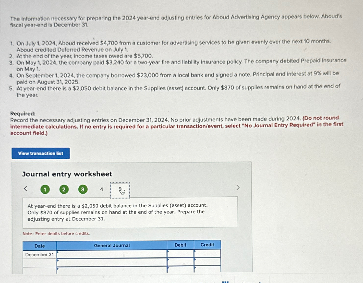  The information necessary for preparing the 2024 year-end adjusting entries for