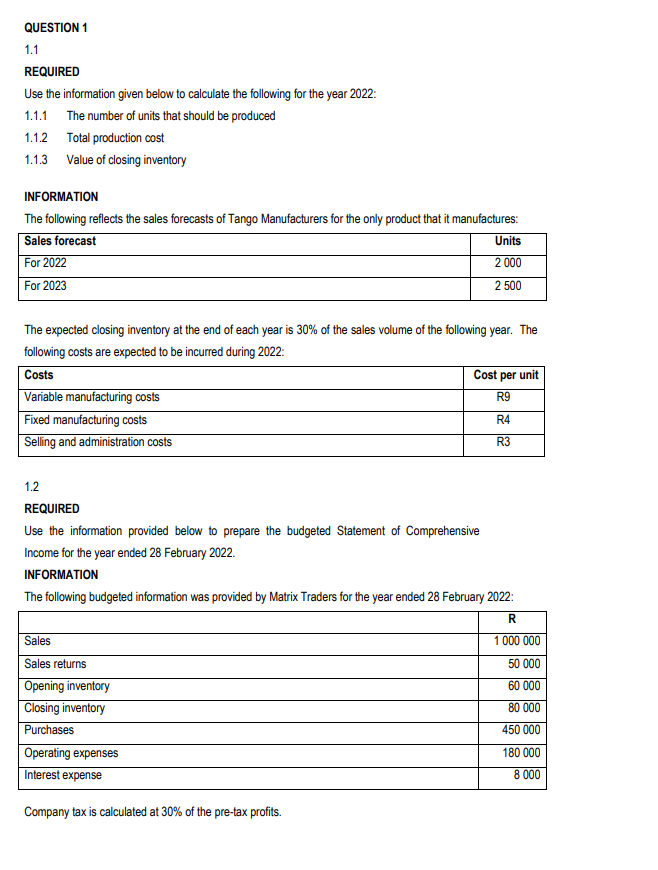  QUESTION 1 1.1 REQUIRED Use the information given below to calculate