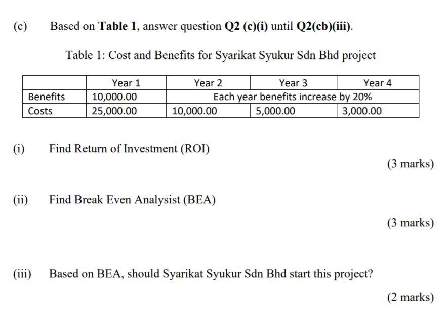  (C) Based on Table 1, answer question Q2 (c)(i) until Q2(cb)(iii).