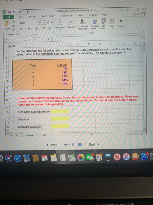  7 M DB). Calculating retums and variability - Excel FILE HOME