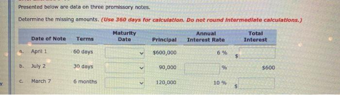  Presented below are data on three promissory notes. Determine the missing