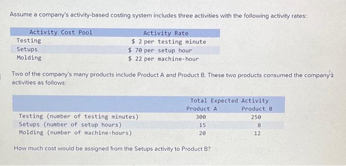  Assume a company's activity-based costing system includes three activities with the