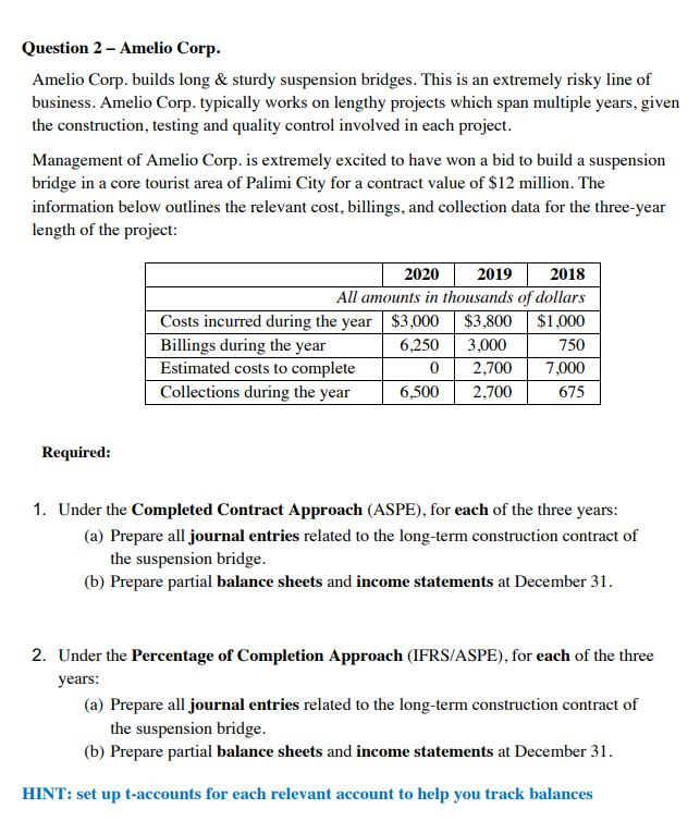 Question 2 - Amelio Corp. Amelio Corp. builds long & sturdy
