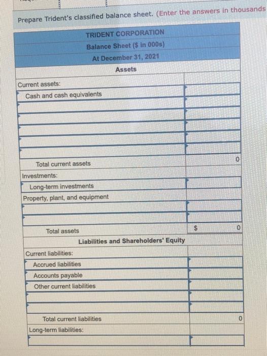 at December 31, 2021. Required: 1. Determine the missing amounts. 2. Prepare