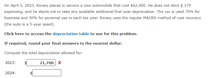  On April 5,2023, Kinsey places in service a new automobile that