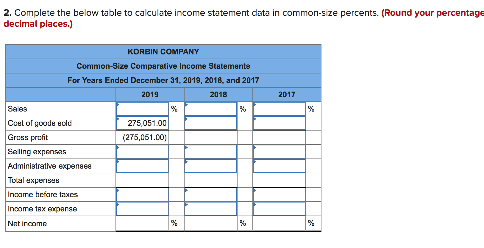 2. Complete the below table to calculate income statement data in