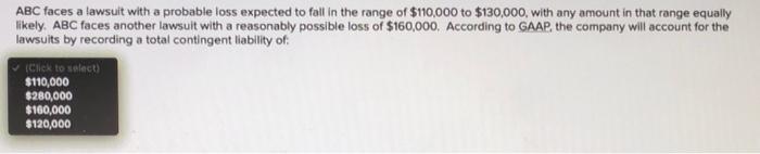 ABC faces a lawsuit with a probable loss expected to fall