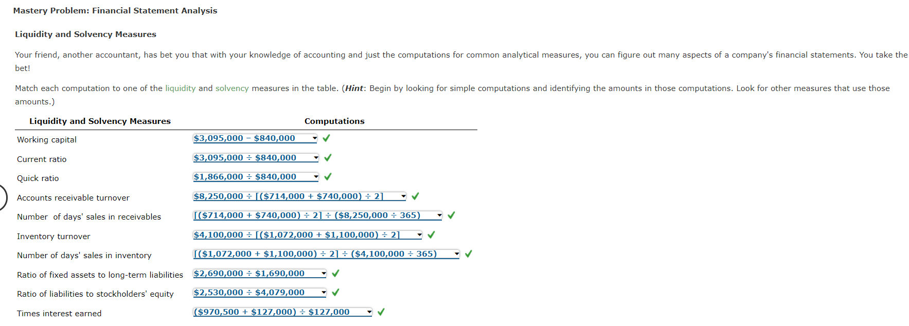 Mastery Problem: Financial Statement Analysis Liquidity and Solvency Measures Your friend,