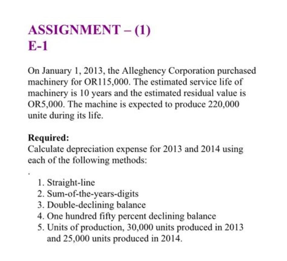ASSIGNMENT - (1) E-1 On January 1, 2013, the Alleghency Corporation