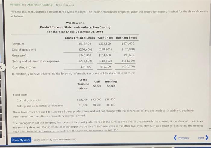 please help! Variable and Absorption Costing-Three Products Winslow Inc, manufactures and sells