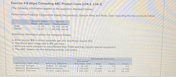  Exercise 4-8 (Algo) Computing ABC Product Costs [LO4-2, L04-3) {The following