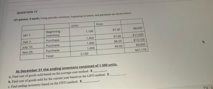  QUESTION 17 (27 points, 9 each) Using periodic inventory, beginning inventory