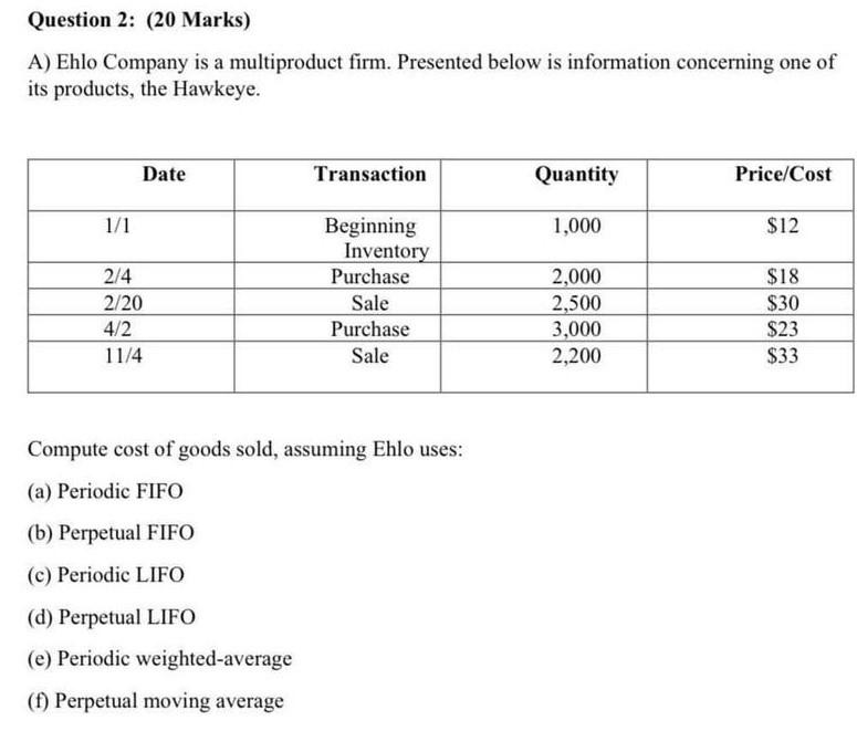 Question 2: (20 Marks) A) Ehlo Company is a multiproduct firm.