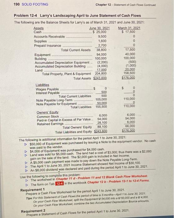  190 SOLID FOOTING Chapter 12 - Statement of Cash Flows Continued
