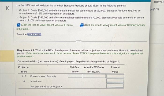  Use the NPV method to determine whether Stenback Products should invest