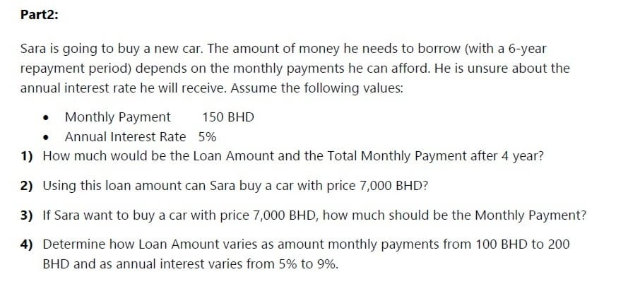 financial excel functions with excel or written. Part1: Sara sells two types
