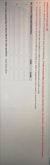  Additional Brief Exercise 102 Prepare the necessary correcting entry for each