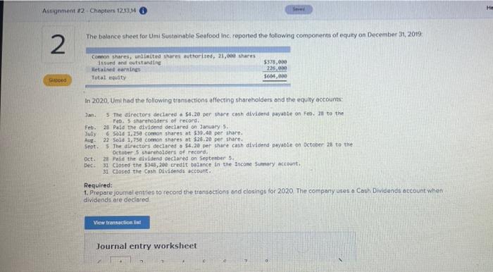 q2 Assignment 12 Chapters 12.13.4 Sever The balance sheet for Umi Sustainable