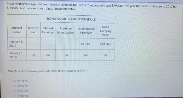 Presented here is a partial amortization schedule for Swifty Company who