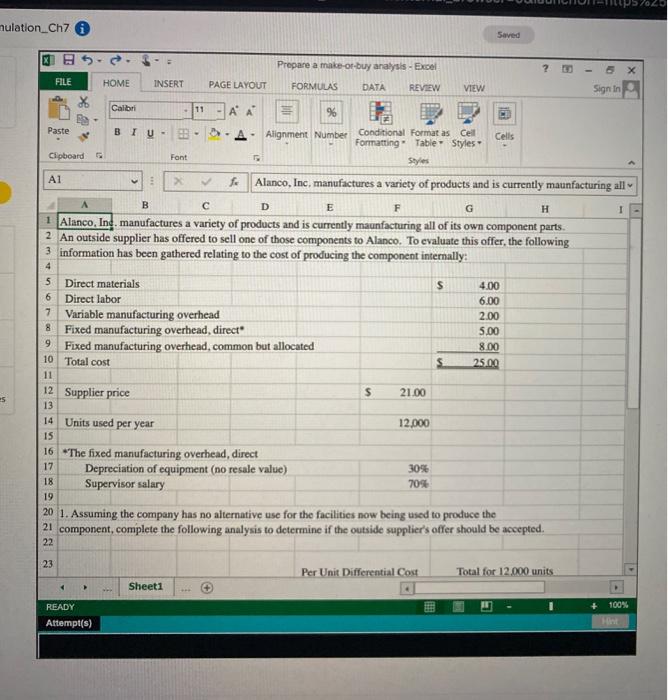  nulation Ch7 Saved B Prepare a make-of-buy analysis - Excel FILE
